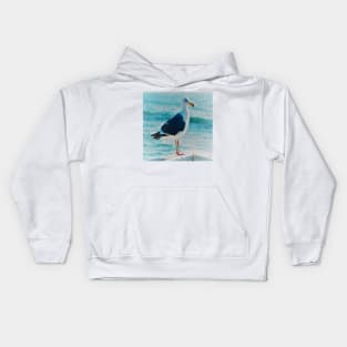 Solitary SeaGull looking into the Blue Pacific Ocean Coast Kids Hoodie